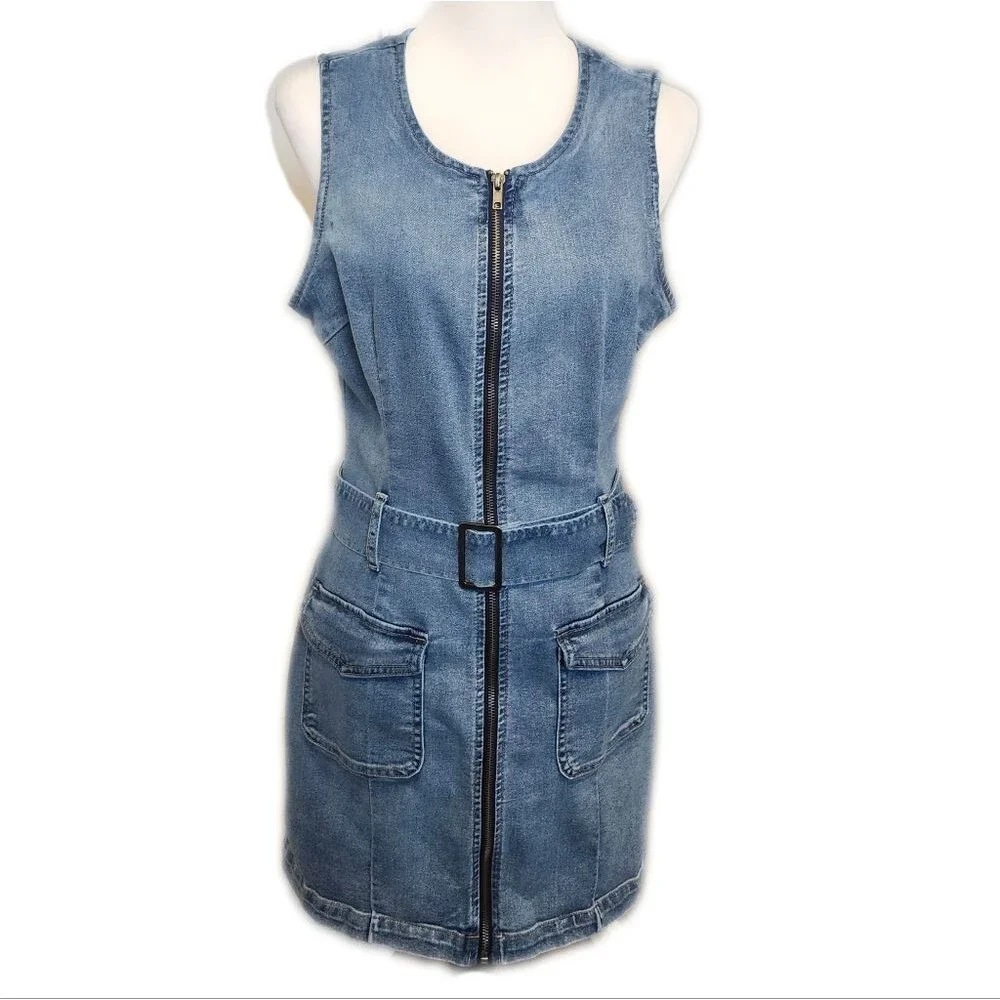Rewash (Peace Love Eco By Rewash) Sleeveless Zip Up Denim Mini Dress, L